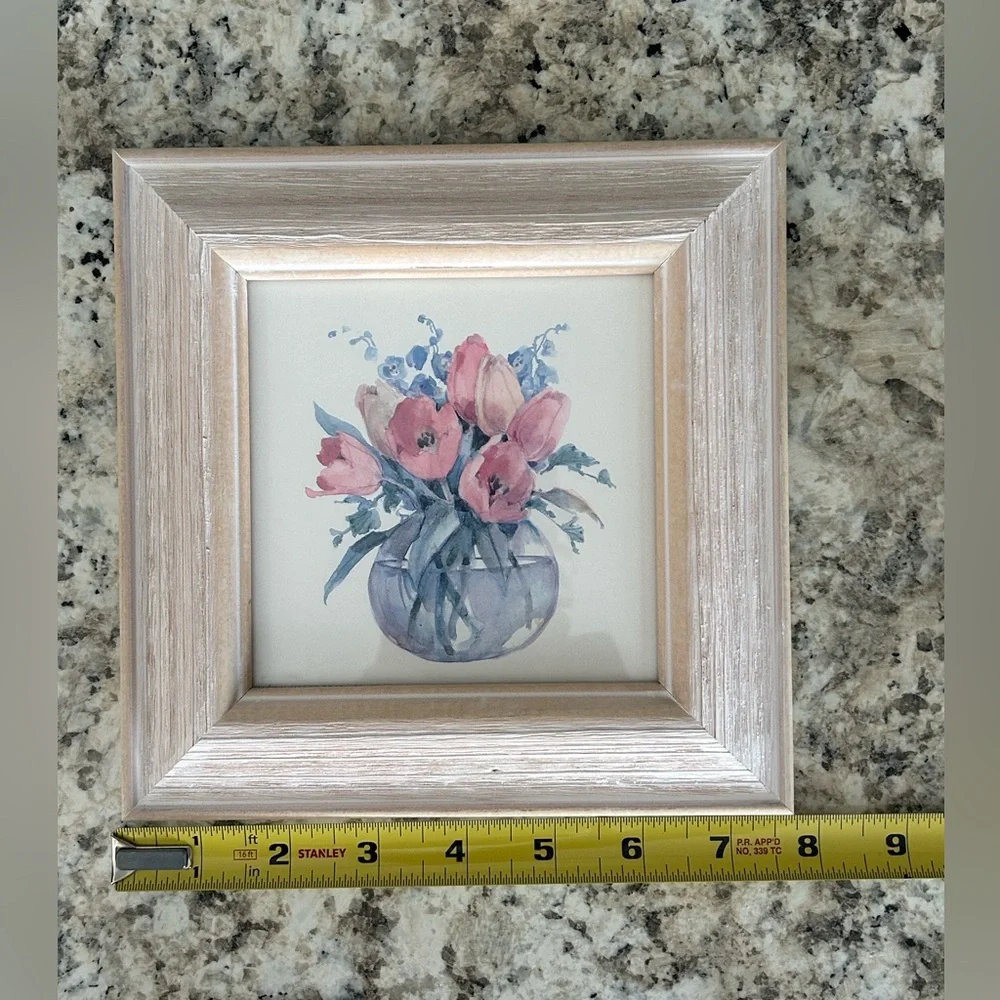 NWT Decorative Framed Watercolor Flowers Vase Whitewashed Wooden Frame 8”X 8”